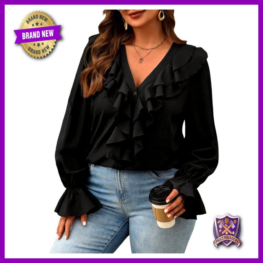 Plus Size Long Sleeve V Neck Button Down Ruffle Blouse Top